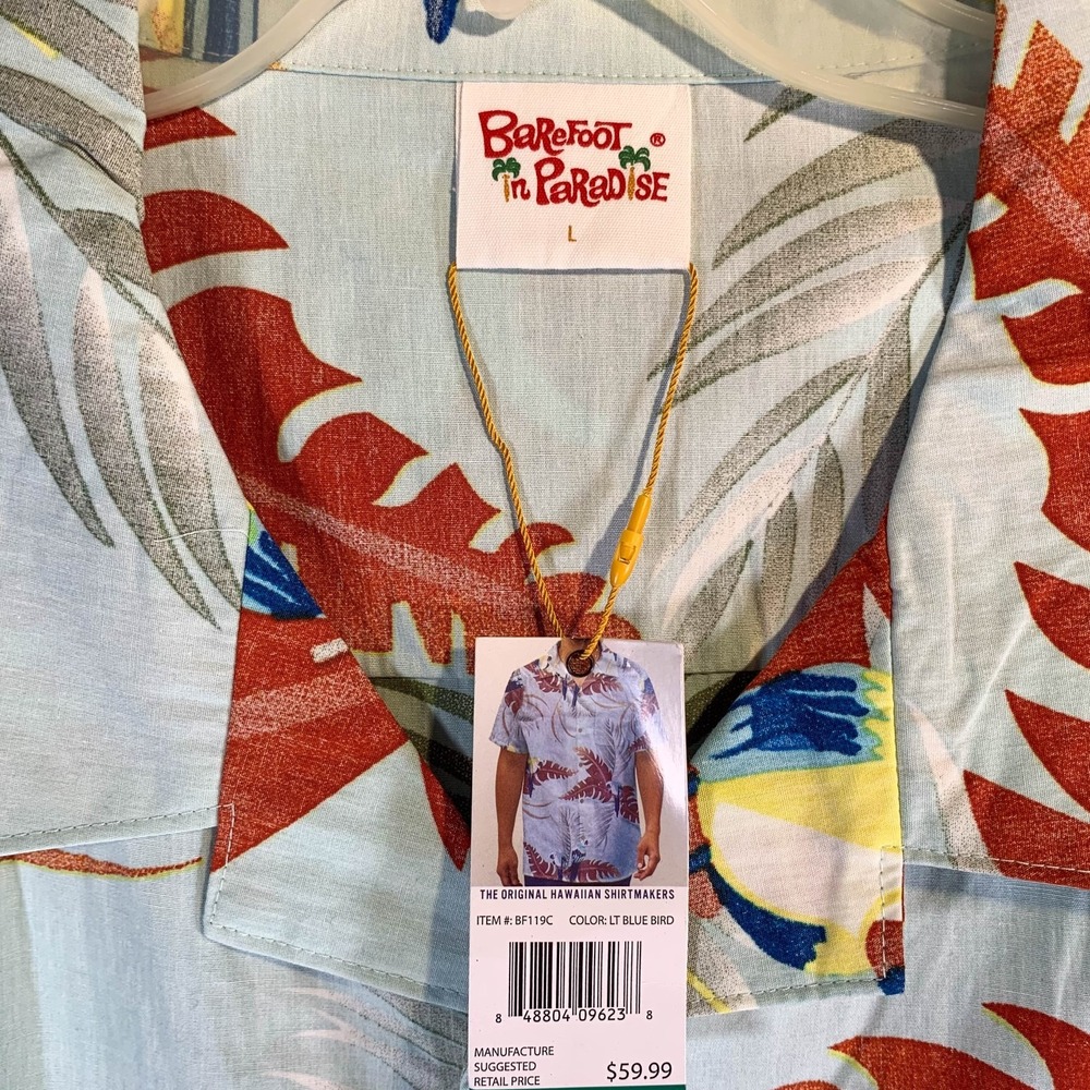 Barefoot In Paradise Hawaiian Shirt Mens Size Large Cotton Blue Parrots NWT